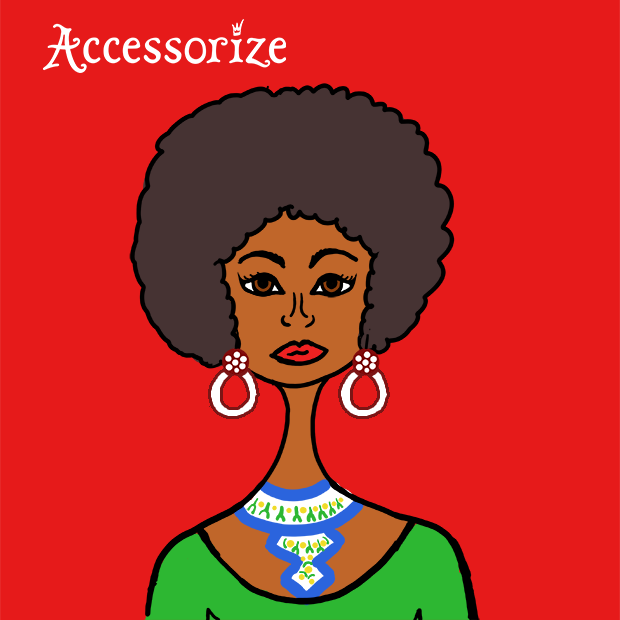 Amaya Tubia ilustracion para Accesorize de chica negra con collar y pendientes
